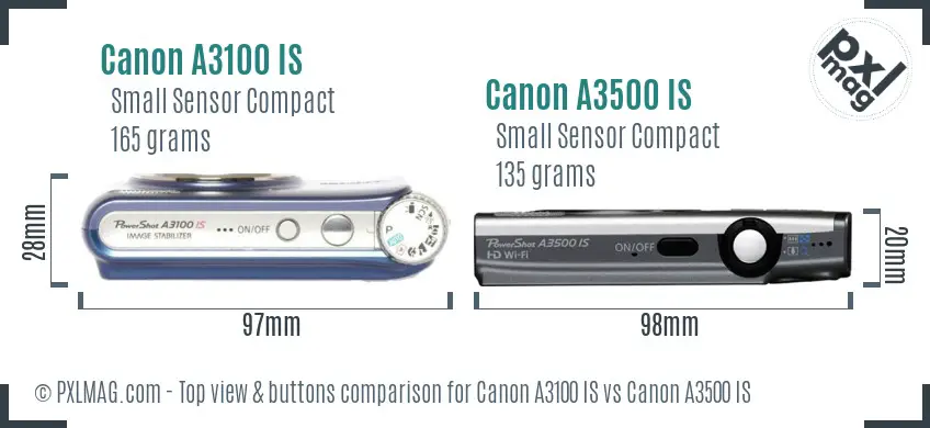 Canon A3100 IS vs Canon A3500 IS top view buttons comparison