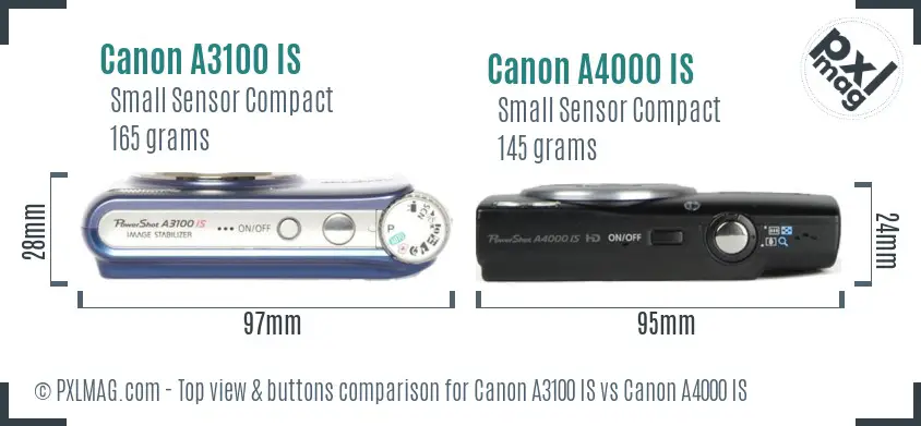 Canon A3100 IS vs Canon A4000 IS top view buttons comparison