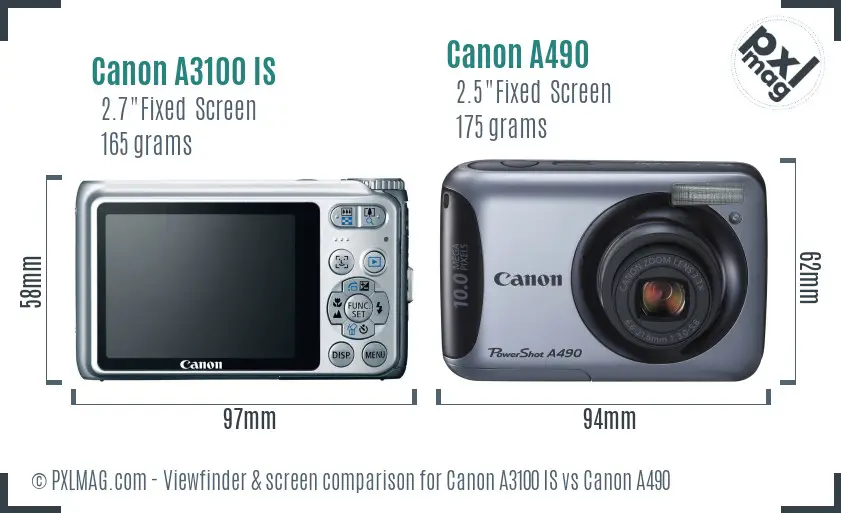 Canon A3100 IS vs Canon A490 Screen and Viewfinder comparison