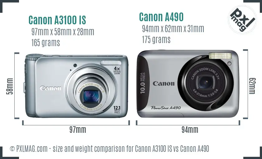 Canon A3100 IS vs Canon A490 size comparison