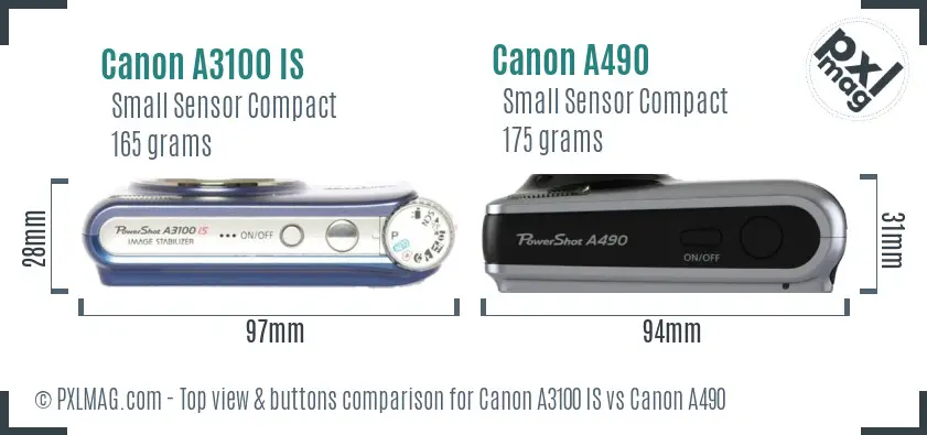 Canon A3100 IS vs Canon A490 top view buttons comparison