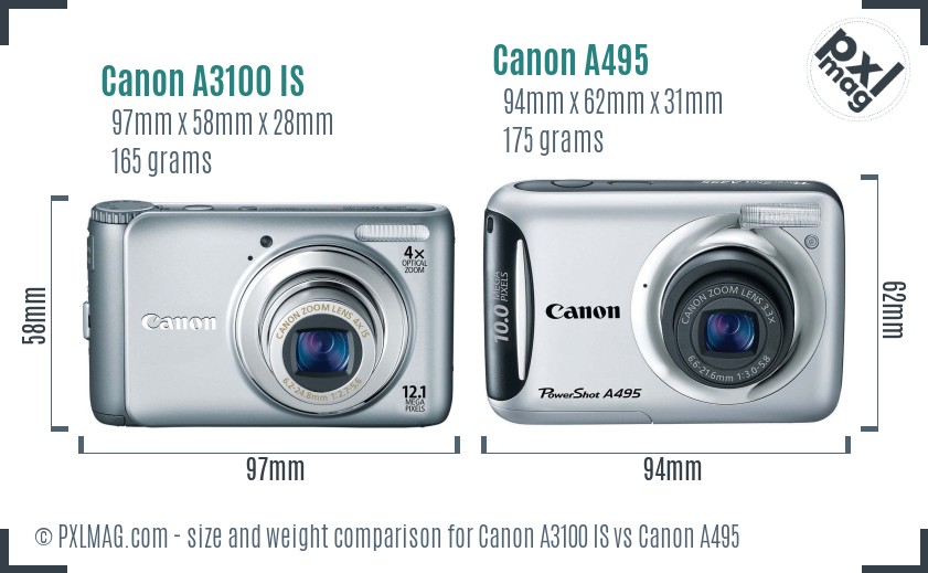 Canon A3100 IS vs Canon A495 size comparison