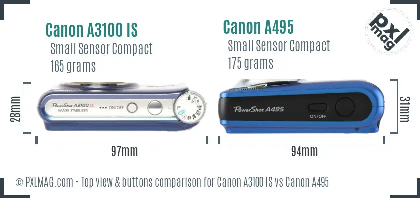 Canon A3100 IS vs Canon A495 top view buttons comparison