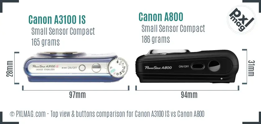 Canon A3100 IS vs Canon A800 top view buttons comparison