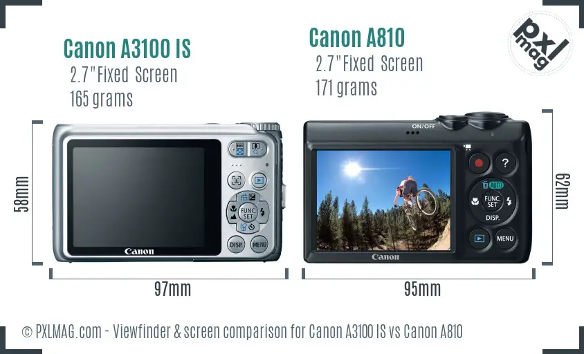 Canon A3100 IS vs Canon A810 Screen and Viewfinder comparison