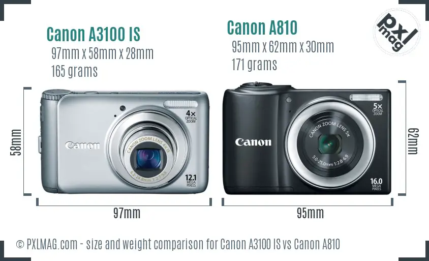 Canon A3100 IS vs Canon A810 size comparison