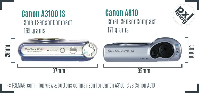 Canon A3100 IS vs Canon A810 top view buttons comparison