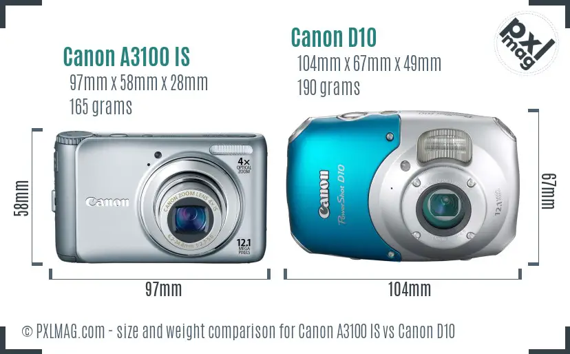 Canon A3100 IS vs Canon D10 size comparison