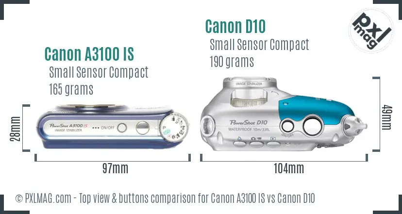 Canon A3100 IS vs Canon D10 top view buttons comparison