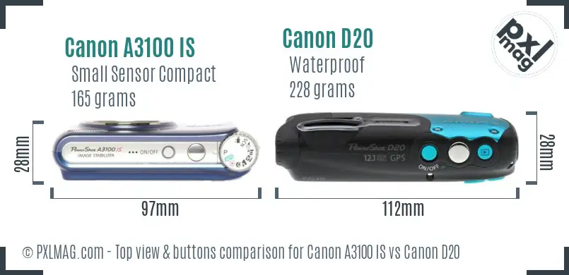 Canon A3100 IS vs Canon D20 top view buttons comparison