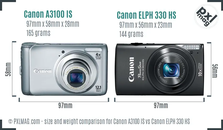 Canon A3100 IS vs Canon ELPH 330 HS size comparison