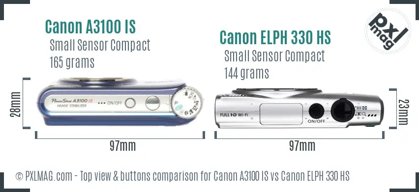 Canon A3100 IS vs Canon ELPH 330 HS top view buttons comparison