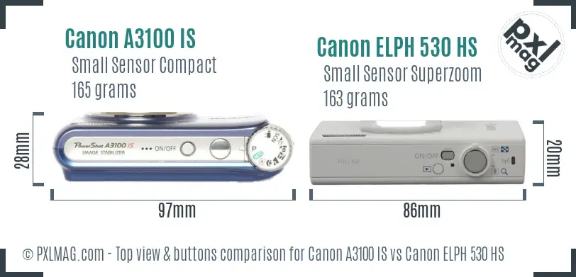 Canon A3100 IS vs Canon ELPH 530 HS top view buttons comparison