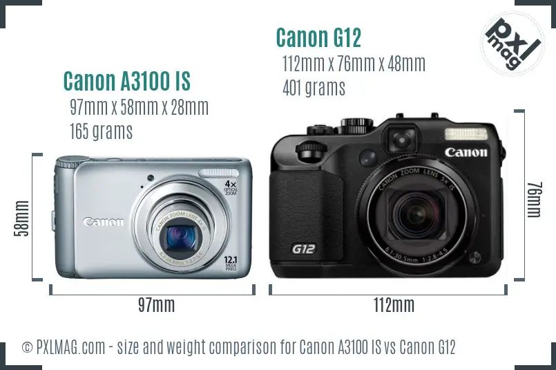 Canon A3100 IS vs Canon G12 size comparison