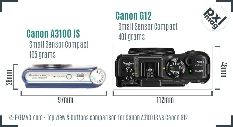 Canon A3100 IS vs Canon G12 top view buttons comparison