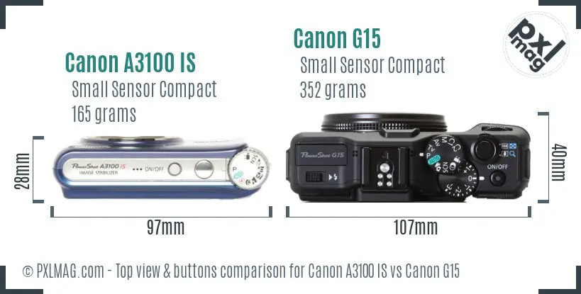 Canon A3100 IS vs Canon G15 top view buttons comparison