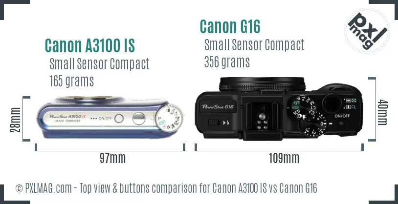 Canon A3100 IS vs Canon G16 top view buttons comparison