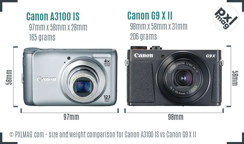 Canon A3100 IS vs Canon G9 X II size comparison