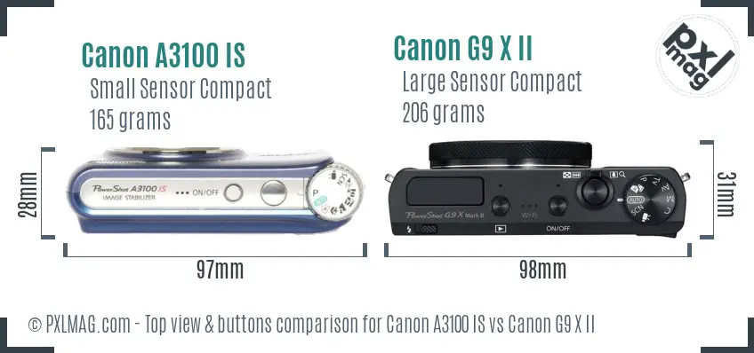 Canon A3100 IS vs Canon G9 X II top view buttons comparison