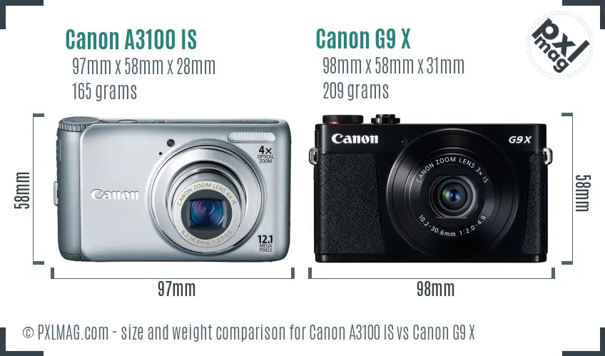 Canon A3100 IS vs Canon G9 X size comparison