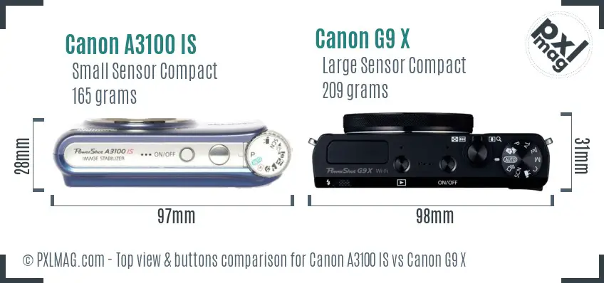 Canon A3100 IS vs Canon G9 X top view buttons comparison