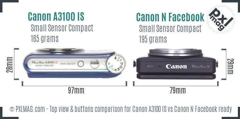 Canon A3100 IS vs Canon N Facebook ready top view buttons comparison Canon A3100 IS vs Canon N Facebook ready top view buttons comparison