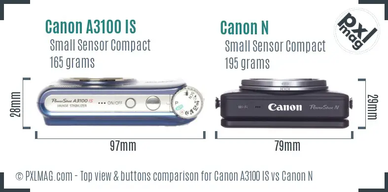 Canon A3100 IS vs Canon N top view buttons comparison Canon A3100 IS vs Canon N top view buttons comparison