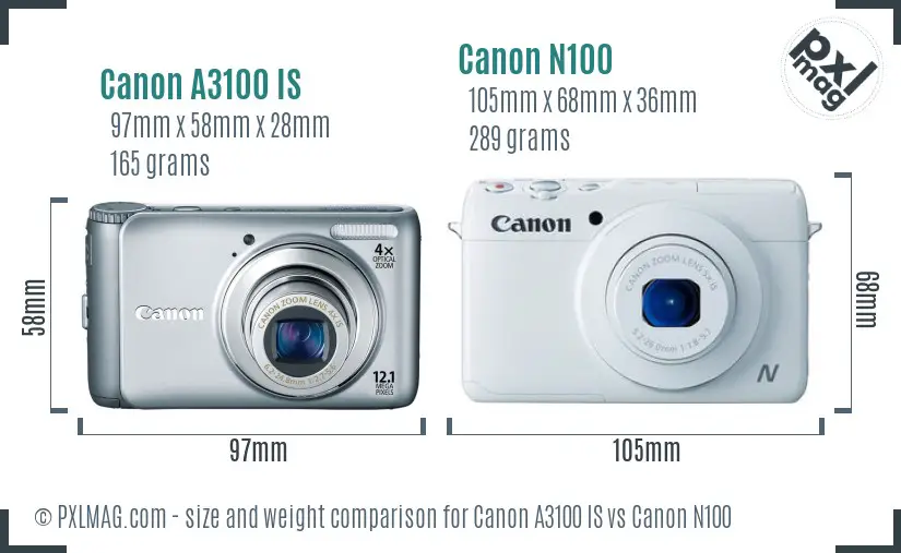 Canon A3100 IS vs Canon N100 size comparison