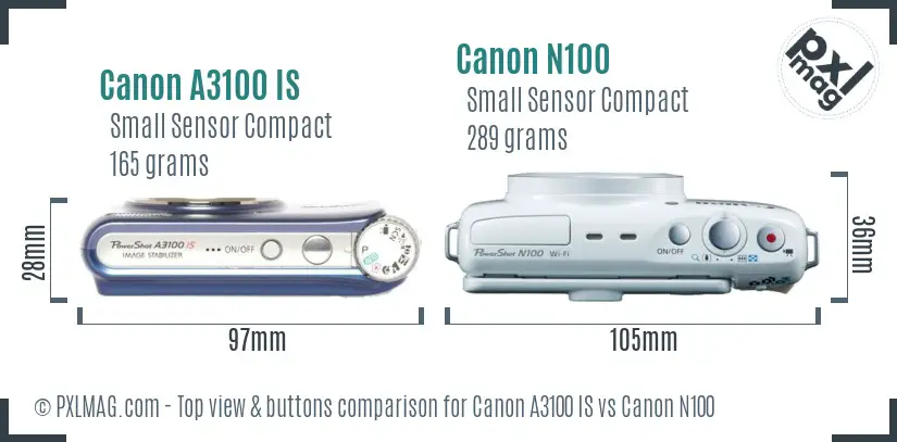 Canon A3100 IS vs Canon N100 top view buttons comparison