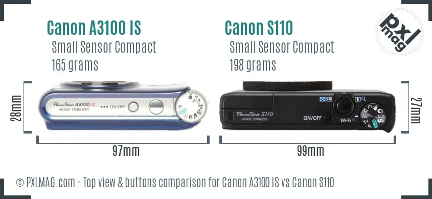 Canon A3100 IS vs Canon S110 top view buttons comparison Canon A3100 IS vs Canon S110 top view buttons comparison