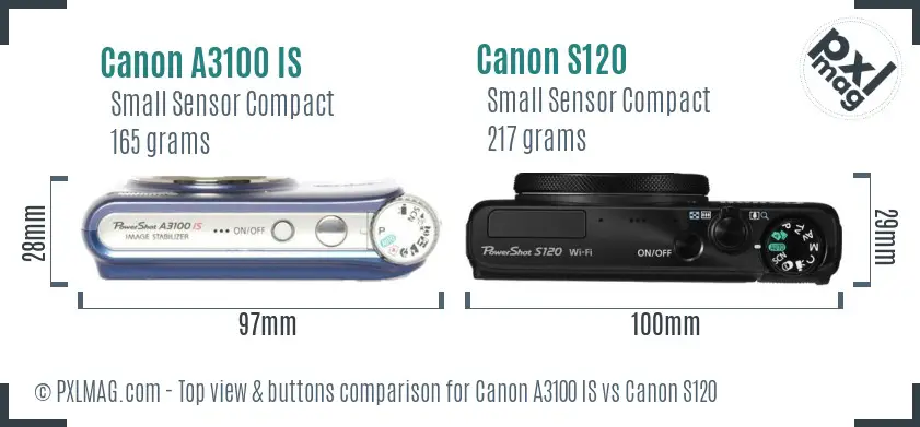 Canon A3100 IS vs Canon S120 top view buttons comparison