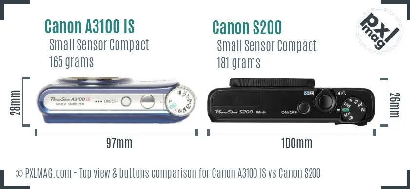 Canon A3100 IS vs Canon S200 top view buttons comparison
