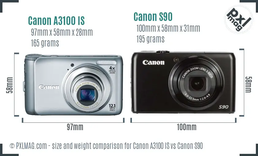 Canon A3100 IS vs Canon S90 size comparison Canon A3100 IS vs Canon S90 size comparison
