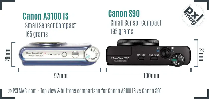 Canon A3100 IS vs Canon S90 top view buttons comparison Canon A3100 IS vs Canon S90 top view buttons comparison
