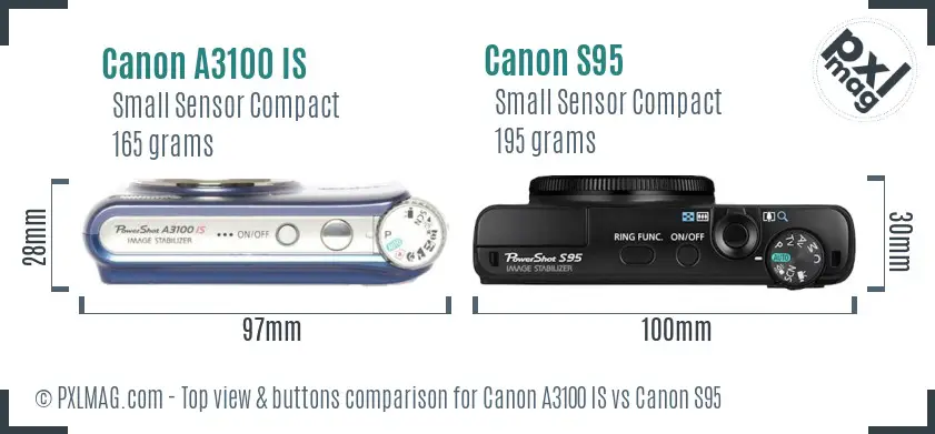 Canon A3100 IS vs Canon S95 top view buttons comparison