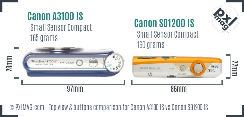 Canon A3100 IS vs Canon SD1200 IS top view buttons comparison