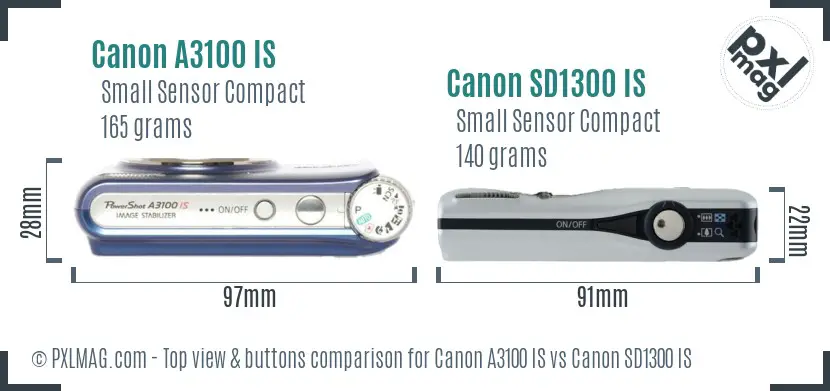 Canon A3100 IS vs Canon SD1300 IS top view buttons comparison Canon A3100 IS vs Canon SD1300 IS top view buttons comparison