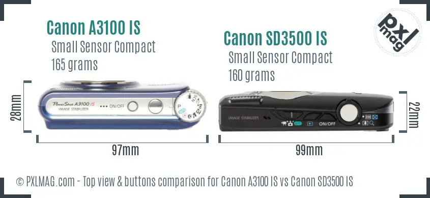 Canon A3100 IS vs Canon SD3500 IS top view buttons comparison