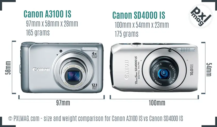 Canon A3100 IS vs Canon SD4000 IS size comparison Canon A3100 IS vs Canon SD4000 IS size comparison