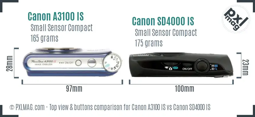 Canon A3100 IS vs Canon SD4000 IS top view buttons comparison Canon A3100 IS vs Canon SD4000 IS top view buttons comparison