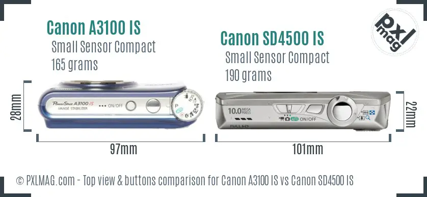 Canon A3100 IS vs Canon SD4500 IS top view buttons comparison