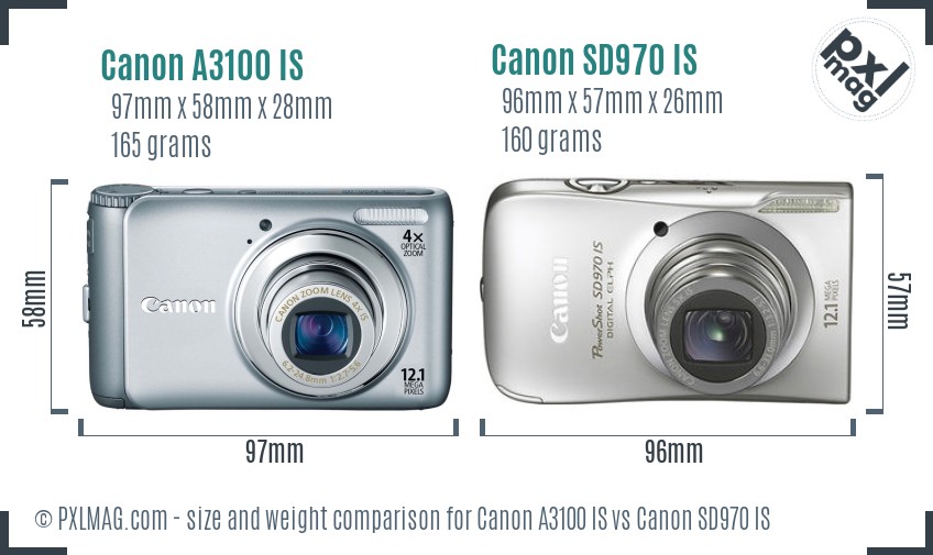 Canon A3100 IS vs Canon SD970 IS size comparison Canon A3100 IS vs Canon SD970 IS size comparison