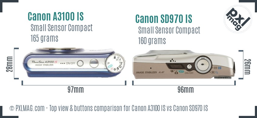 Canon A3100 IS vs Canon SD970 IS top view buttons comparison