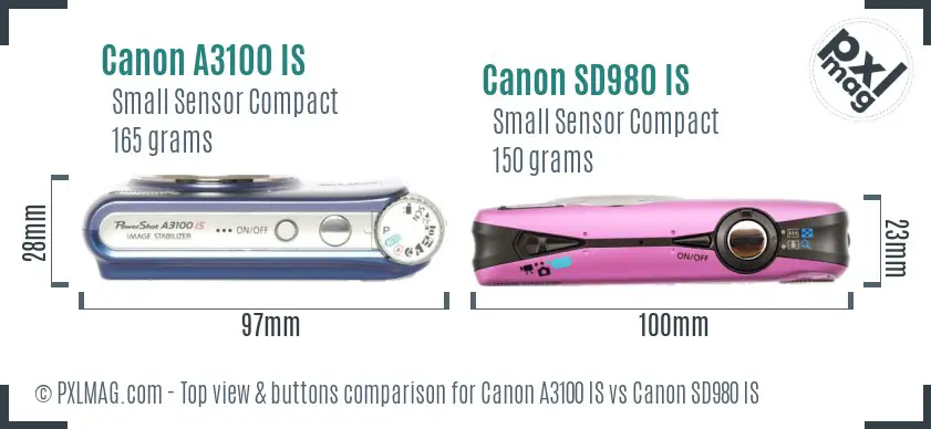 Canon A3100 IS vs Canon SD980 IS top view buttons comparison