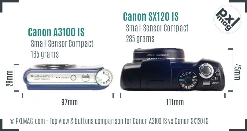 Canon A3100 IS vs Canon SX120 IS top view buttons comparison