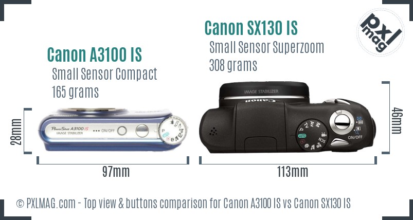 Canon A3100 IS vs Canon SX130 IS top view buttons comparison