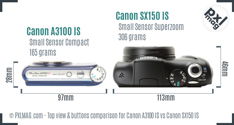 Canon A3100 IS vs Canon SX150 IS top view buttons comparison