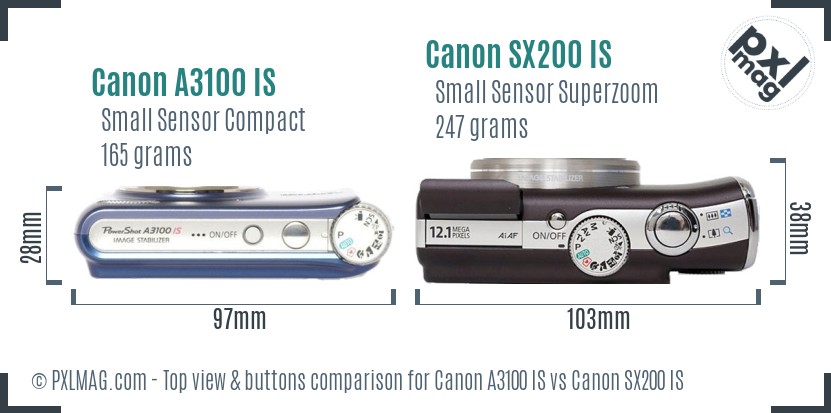 Canon A3100 IS vs Canon SX200 IS top view buttons comparison