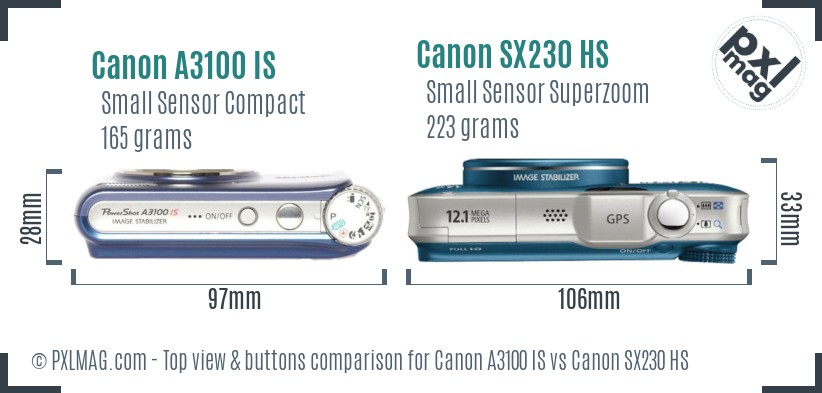 Canon A3100 IS vs Canon SX230 HS top view buttons comparison