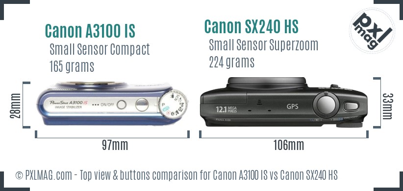 Canon A3100 IS vs Canon SX240 HS top view buttons comparison